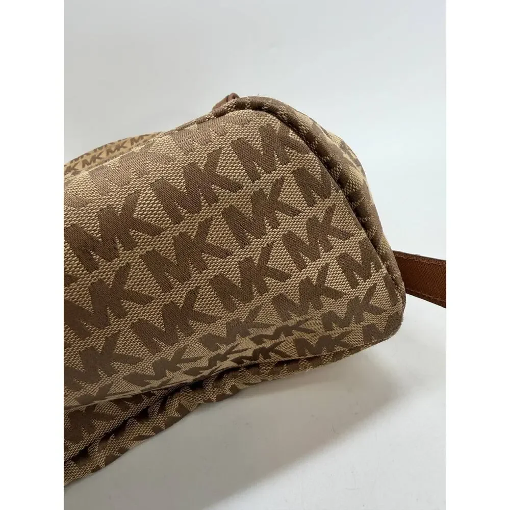 Michael Kors MK Logo Backpack Brown Tan Canvas Leather Trim Small Backpack